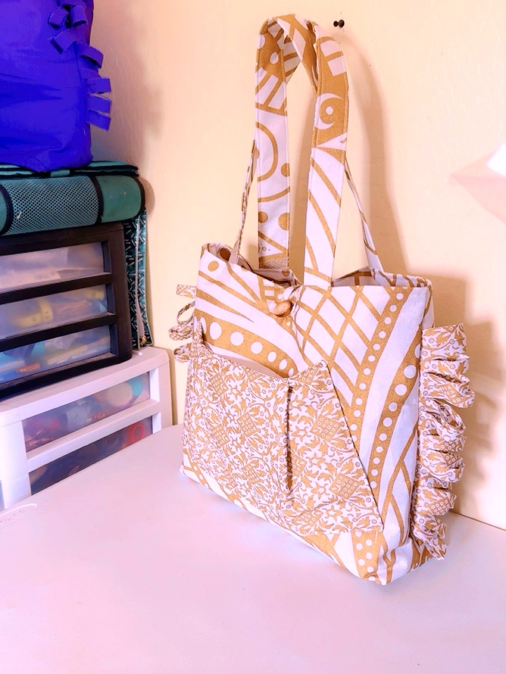 Handcrafted White and Gold Patterned Tote Bag